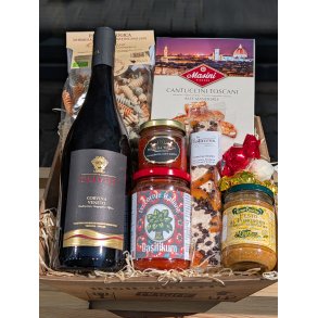 Gavekurven med italiensk vin og specialiteter fra Italien.