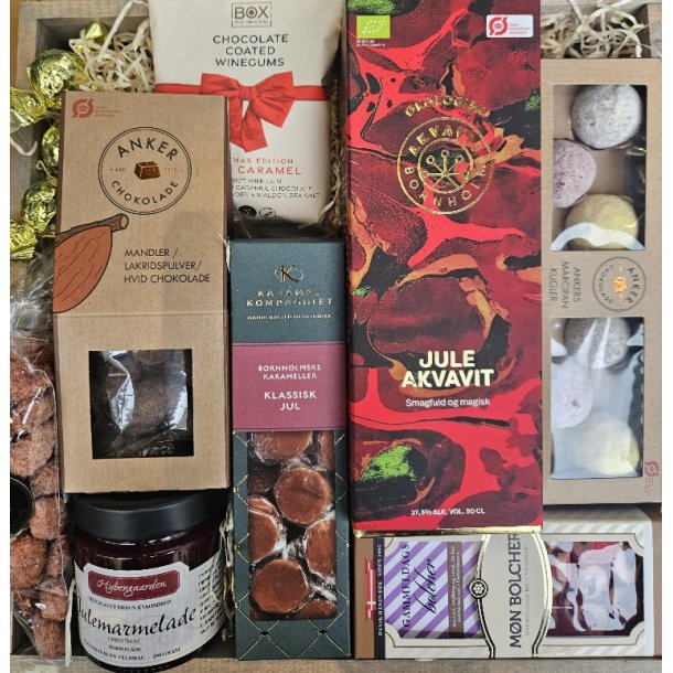 Julekurv med danske specialiteter og julesnaps fra Bornholm