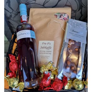 Julekurv med portvin, kaffe og chokolade.