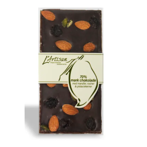 Chokoladebar med n�dder og rosiner � 70% m�rk chokolade