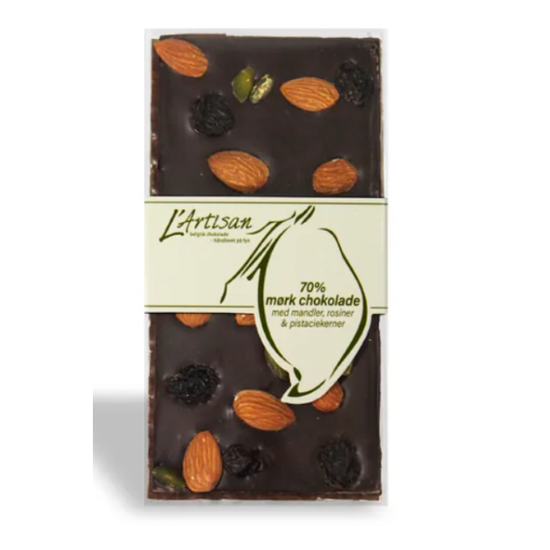 Chokoladebar med n�dder og rosiner � 70% m�rk chokolade