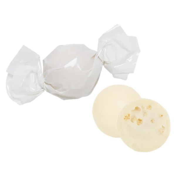 Hvid chokolade kugler m. knas, hvid folie 1kg.