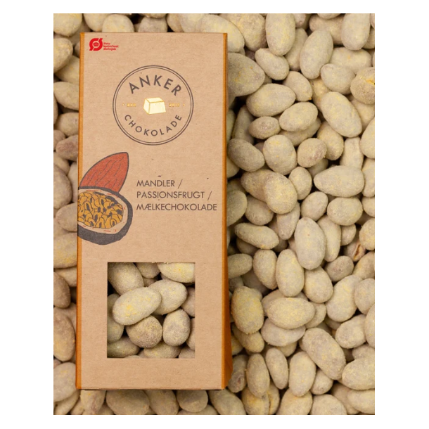Mandler med passionsfrugt og m�lkechokolade - Anker Chokolade