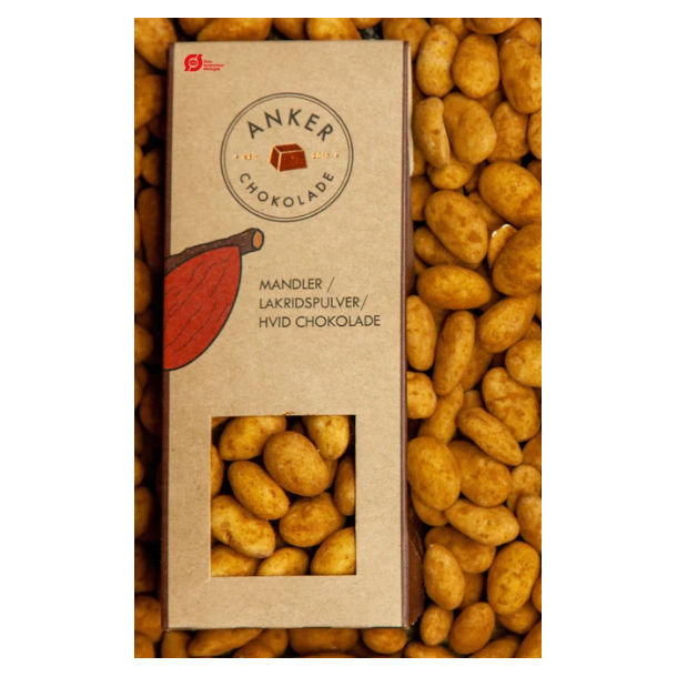 Mandler med lakrids og hvid chokolade - Anker Chokolade